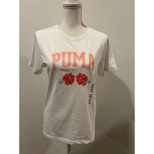 Puma Womens White Graphic T-Shirt Floral Embroidered Rose Logo Size Medium New